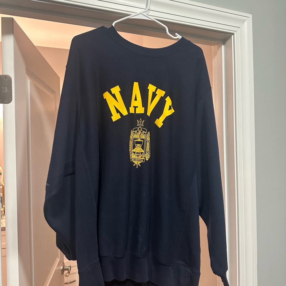 MV Sport Navy Blue Crewneck Sweater with Yellow Print